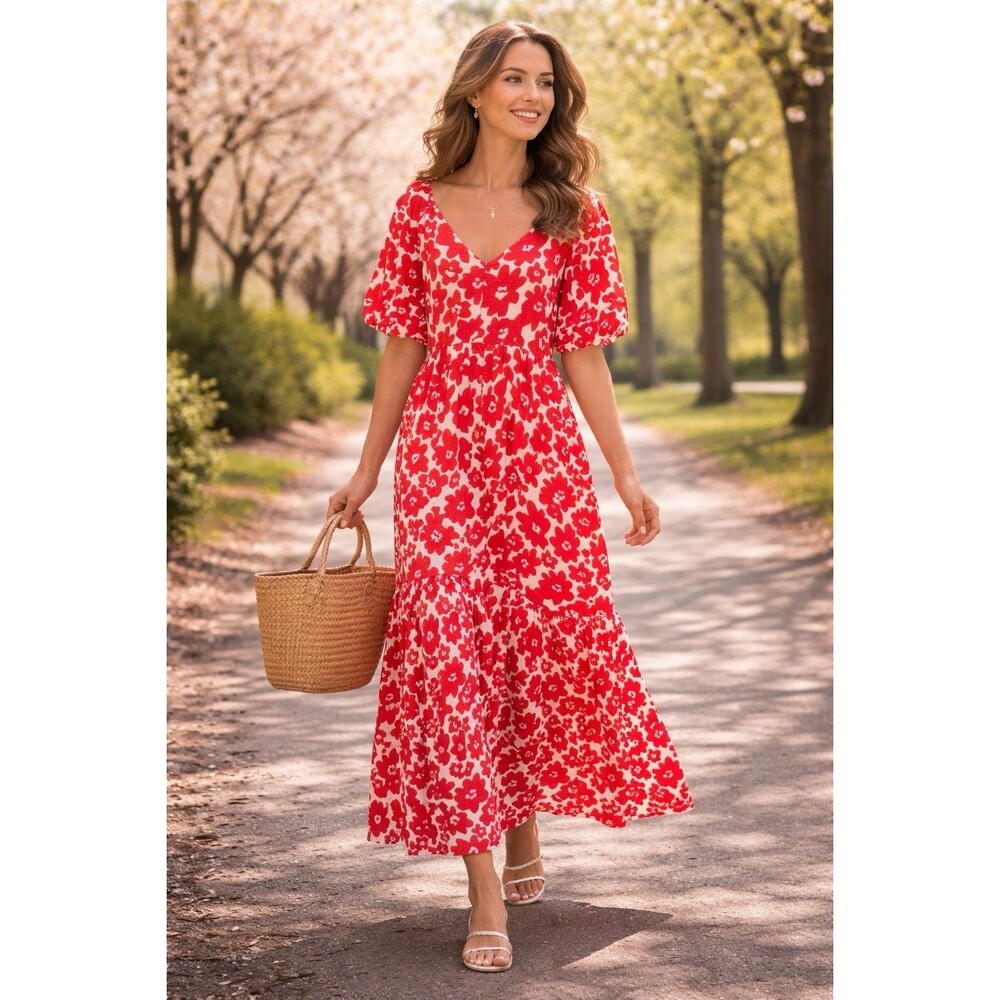 Sunday Up Red White Floral Puff Sleeve Tiered Maxi Dress Large Cottage Core